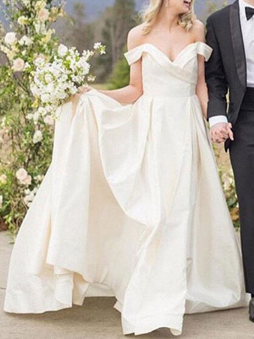 Vintage Wedding Dresses Off The Shoulder Sleeveless Natural Waist Satin Fabric Court Train Sash Bridal Dress