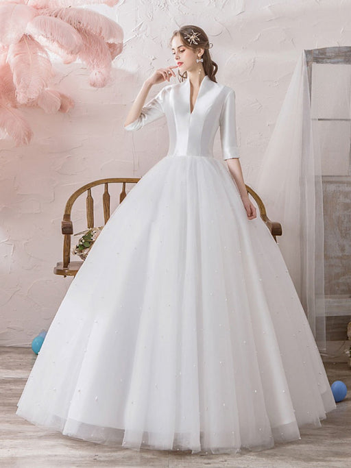 Vintage Wedding Dresses Princess High Collar Half Sleeve Floor Length — Bridelily