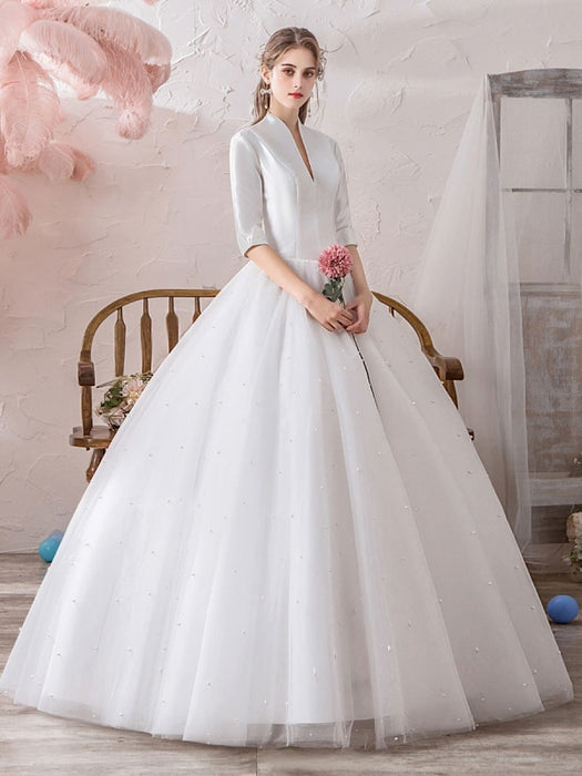 Vintage Wedding Dresses Princess High Collar Half Sleeve Floor Length Tulle Traditional Bridal Gowns