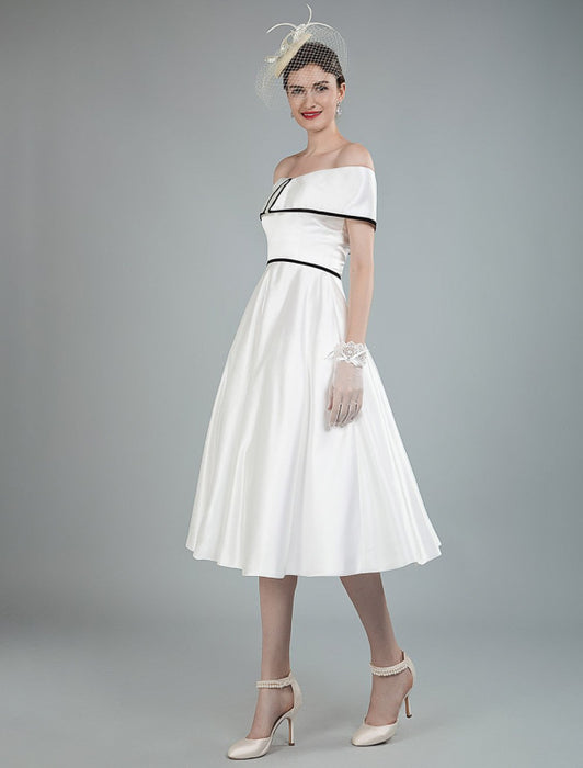 Vintage Wedding Dresses Satin Off The Shoulder A Line Tea Length Short Bridal Gowns
