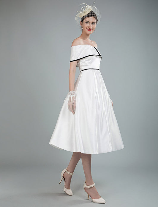 Vintage Wedding Dresses Satin Off The Shoulder A Line Tea Length Short Bridal Gowns