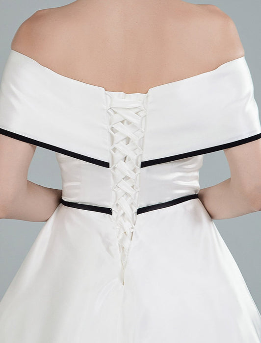 Vintage Wedding Dresses Satin Off The Shoulder A Line Tea Length Short Bridal Gowns