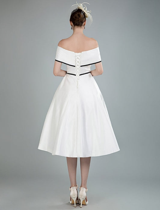 Vintage Wedding Dresses Satin Off The Shoulder A Line Tea Length Short Bridal Gowns