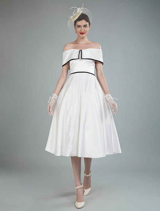 Vintage Wedding Dresses Satin Off The Shoulder A Line Tea Length Short Bridal Gowns