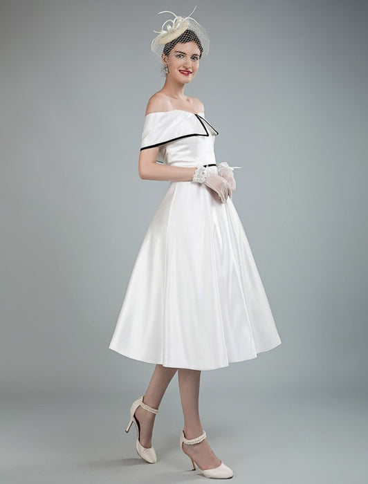 Vintage Wedding Dresses Satin Off The Shoulder A Line Tea Length Short Bridal Gowns