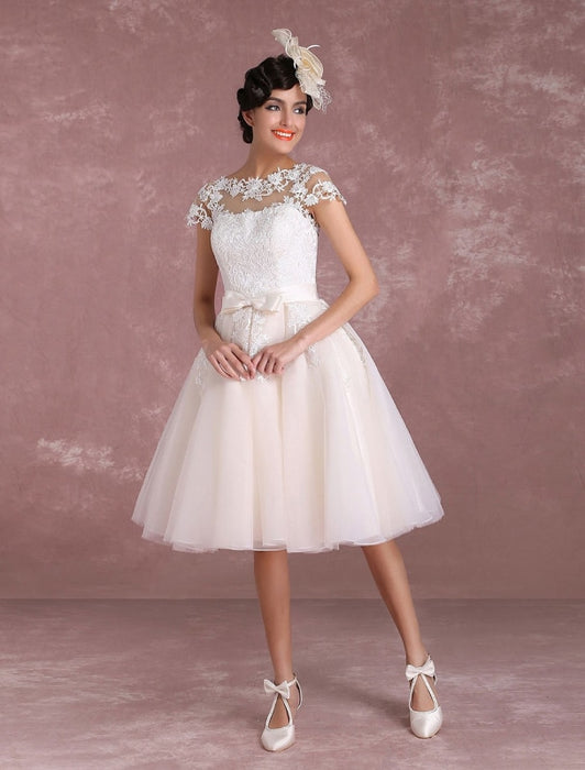Vintage Wedding Dresses Short Lace Applique Bridal Gown Illusion Bow Sash Bridal Dress misshow