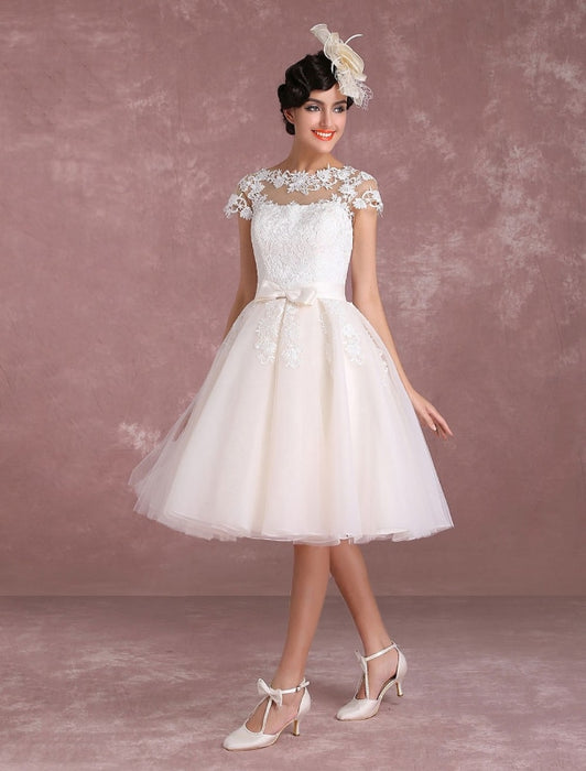 Vintage Wedding Dresses Short Lace Applique Bridal Gown Illusion Bow Sash Bridal Dress misshow