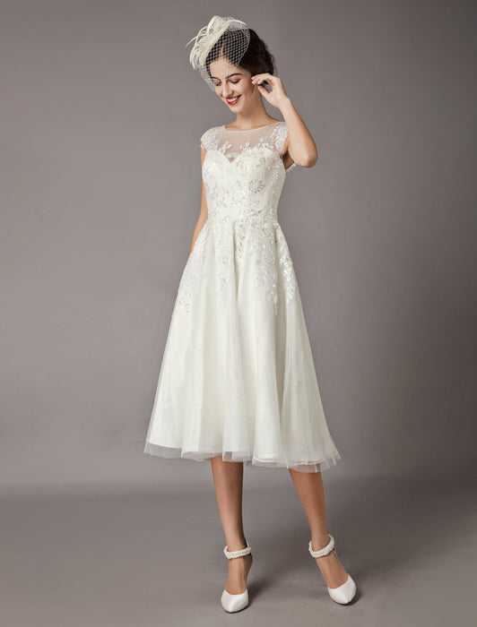Lace Tulle Tea Length Ivory Wedding Dress On Sale-Bridelily Lace Tulle Tea Length Ivory Wedding Dress On Sale-Bridelily