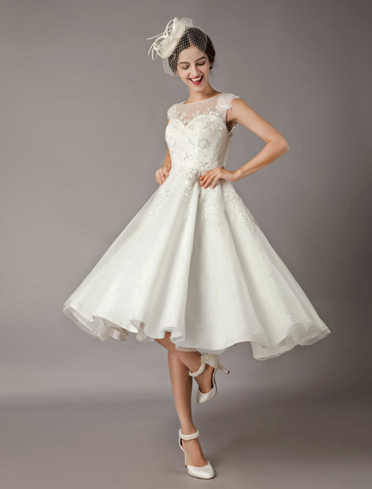 Lace Tulle Tea Length Ivory Wedding Dress On Sale-Bridelily Lace Tulle Tea Length Ivory Wedding Dress On Sale-Bridelily