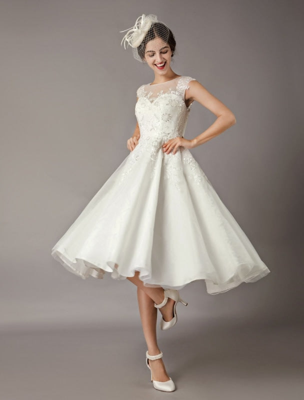 Vintage Wedding Dresses Short Lace Tulle Sequin Tea Length Ivory Bridal Dress