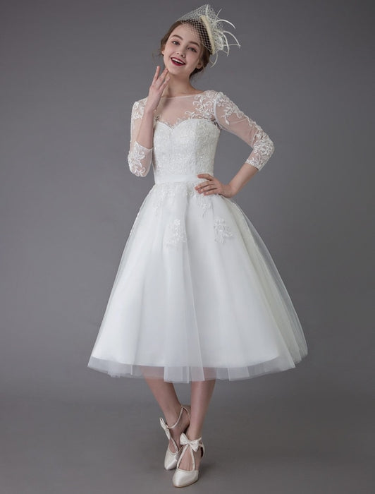 Vintage Wedding Dresses Tulle Bateau 3/4 Length Sleeve A Line Bridal Gown Short Bridal Dress