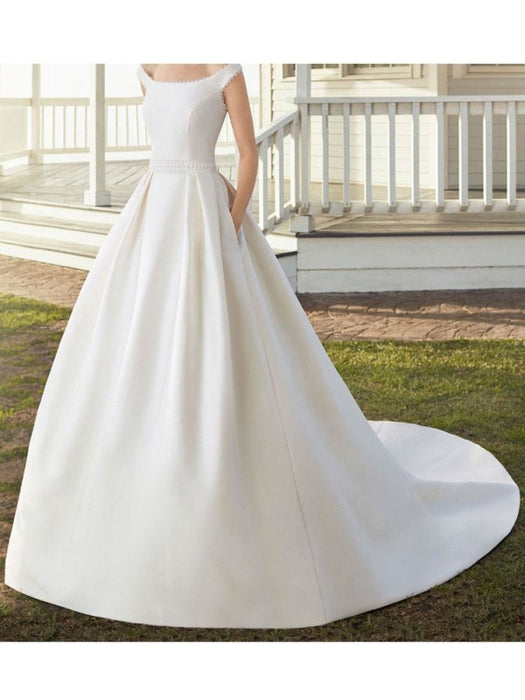 Vintage Wedding Dresses With Train Designed Neckline Sleeveless Buttons Satin Fabric Bridal Gowns