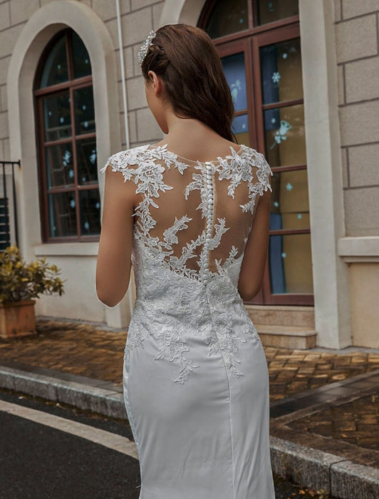 Wedding Bridal Gowns Jewel Neck Sleeveless Natural Waist Buttons With Train Bridal Dresses