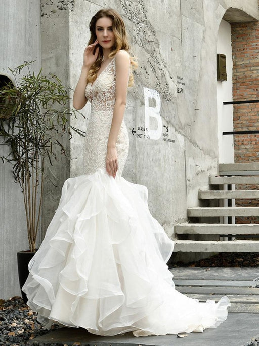 Wedding Bridal Gowns Mermaid Sleeveless V Neck Lace Bridal Gowns With Train