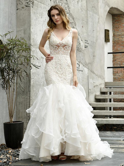 Wedding Bridal Gowns Mermaid Sleeveless V Neck Lace Bridal Gowns With Train