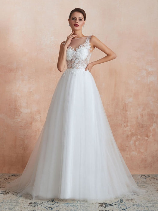 Wedding Dress 2021 A Line Sleeveless Lace Floor Length Tulle Bridal Gowns With Train