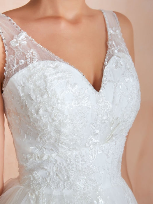 Wedding Dress 2021 A Line V Neck Sleeveless Floor Length Bridal Gowns With Train
