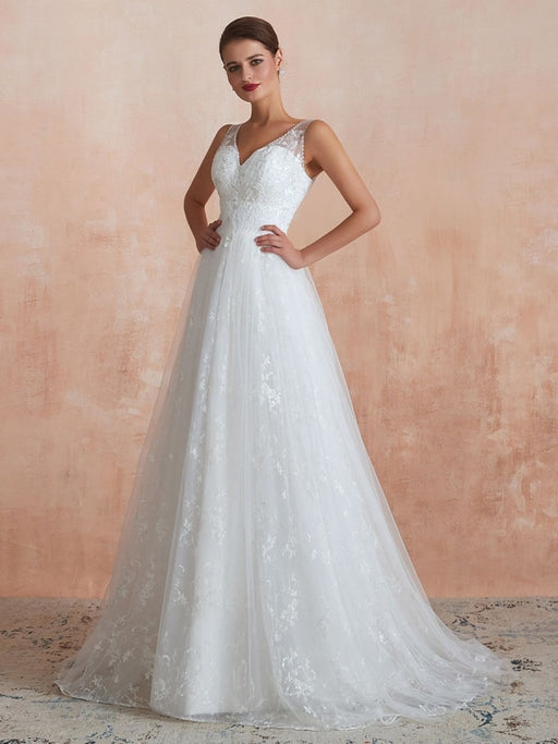Wedding Dress 2021 A Line V Neck Sleeveless Floor Length Bridal Gowns With Train