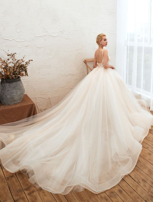 Wedding Dress 2021 A Line V Neck Sleeveless Natural Waist With Train Tulle Bridal Gowns