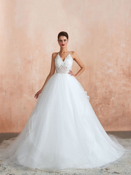 Wedding Dress 2021 Ball Gown Halter Sleeveless Floor Length Lace Tulle Bridal Gowns With Train
