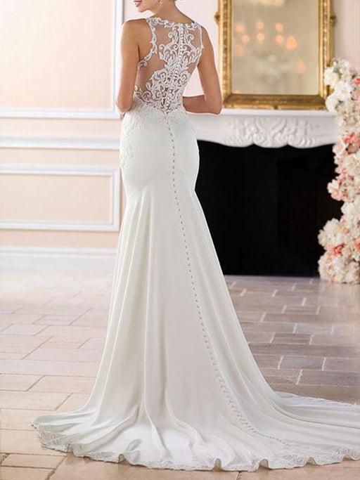 wedding dress 2021 simple mermaid bateau neck sleeveless lace appliqued traditional bridal dresses