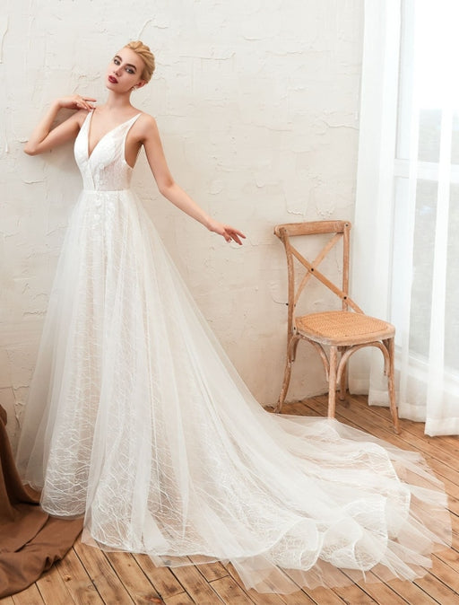 Wedding Dress 2021 V Neck A Line Floor Length Lace Appliqued Tulle Bridal Gowns
