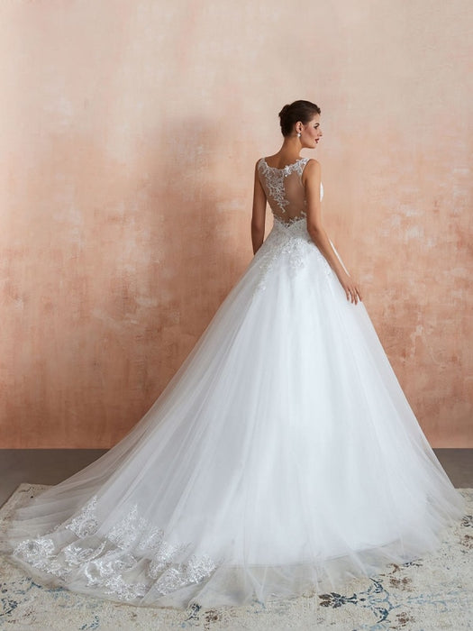 Wedding Dress 2021 V Neck Princess Sleeveless Floor Length Tulle Bridal Gown With Train