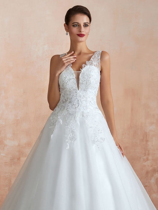 Wedding Dress 2021 V Neck Princess Sleeveless Floor Length Tulle Bridal Gown With Train