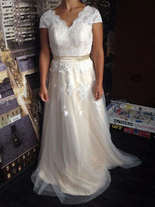 Wedding Dress 2021 V Neck Short Sleeves lace Applique Floor Length Tulle traditional Bridal Gowns
