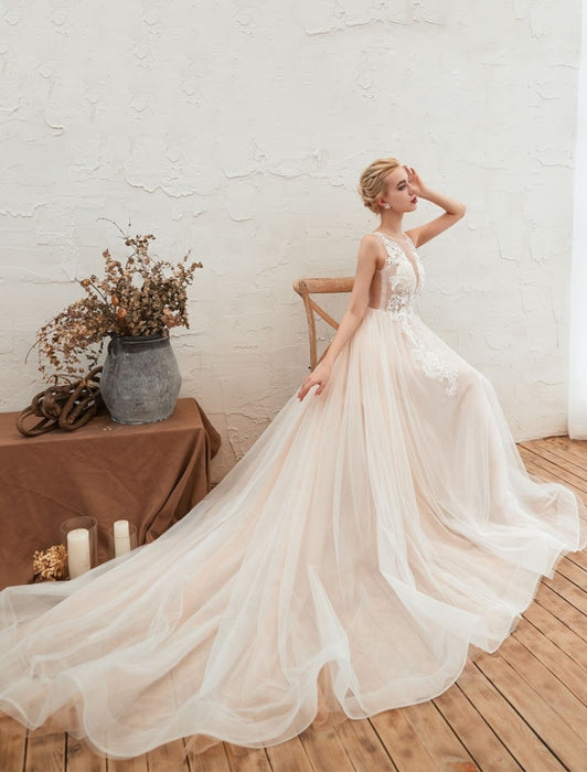 Wedding Dress 2021 V Neck Sleeveless A Line Tulle Bridal Gowns With Train