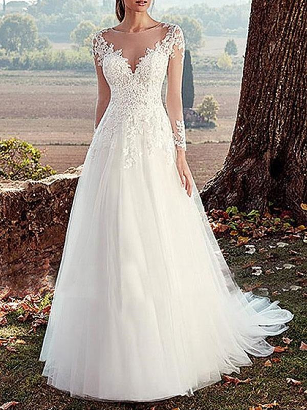 wedding dress 2021 v nevk a line long sleeve floor length lace applique tulle bridal dresses with train