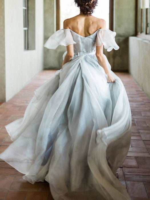 Wedding Dress A Line Off The Shoulder Sleeveless Pleated Court Train Chiffon Boho Bridal Gowns