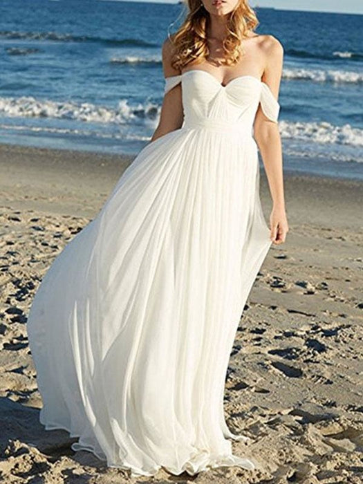 Wedding Dress A Line Off The Shoulder Sweetheart Neck Sleeveless Floor Length With Train Bridal Gowns