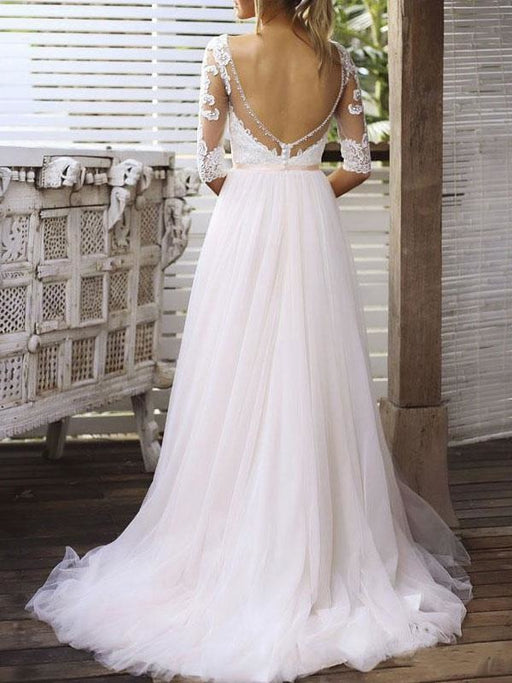 Wedding Dress A Line V Neck Half Sleeves Lace Tulle Bridal Dresses With Train