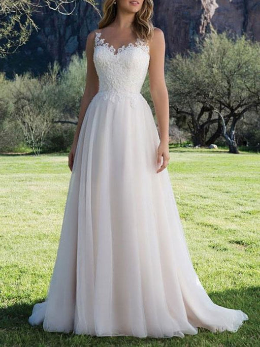 Wedding Dress A Line V Neck Sleeveless Lace Beach Party Bridal Gowns With Train