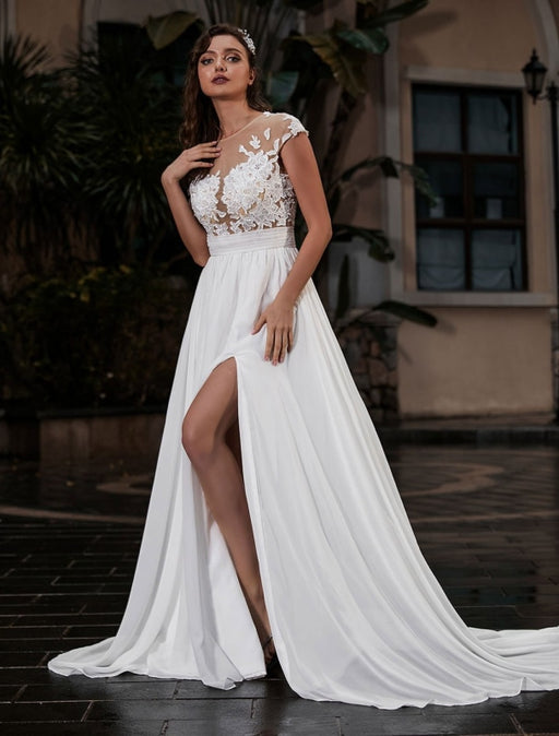 Wedding Dress Beach A-line Silhouette Jewel Neck Lace Bodice Chiffon Wedding Gown