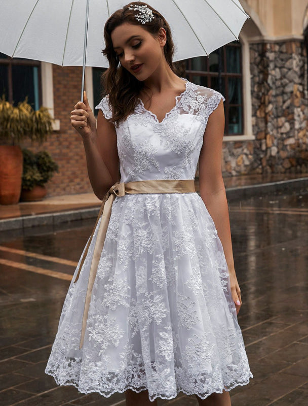 Wedding Dress Ecru White Knee Length A Line Sleeveless Lace V Neck Mid — Bridelily