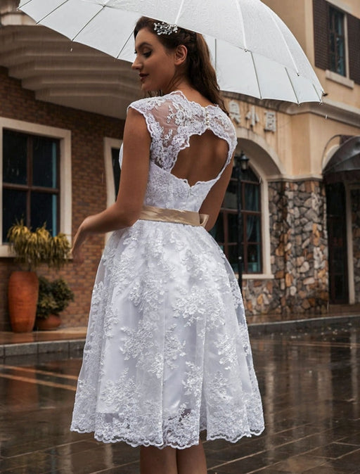 Wedding Dress Ecru White Knee Length A Line Sleeveless Lace V Neck Midi Bridal Gowns
