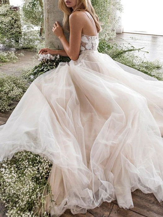 Wedding Dress Jewel Neck A Line Sleeveless Flowers FloorLength Backless Bridal Gowns