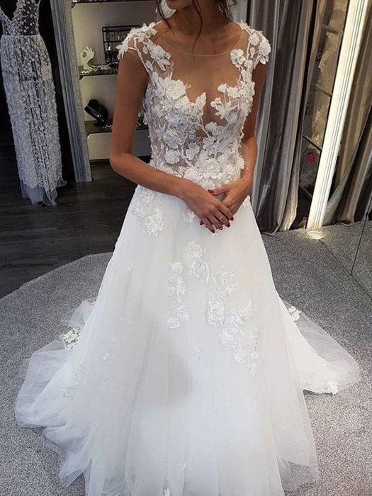 Wedding Dress Jewel Neck Sleeveless Lace Flora A Line Tulle Bridal Gowns For Beach Wedding