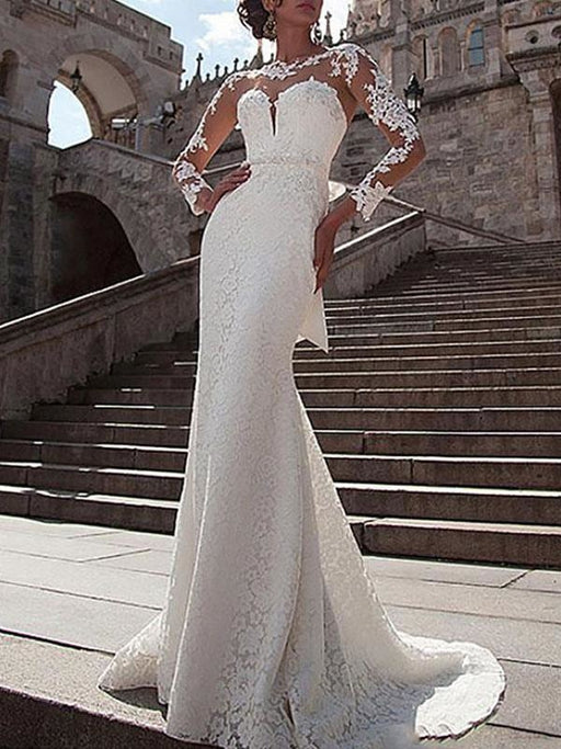 Wedding Dress Lace Illusion Neck Long Sleeves Mermaid Bridal Gowns With Court Train