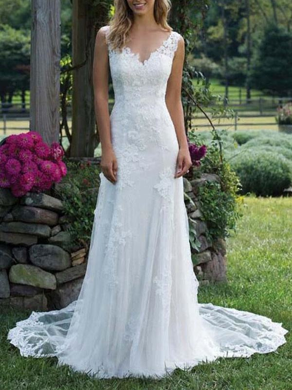 Wedding Dress Lace V Neck Sleeveless Sheath Floor Length Bridal Gown With Court Train
