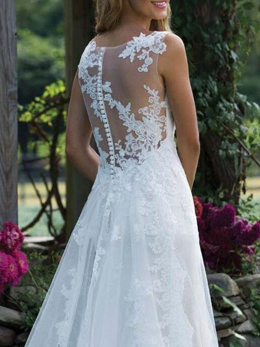 Wedding Dress Lace V Neck Sleeveless Sheath Floor Length Bridal Gown With Court Train