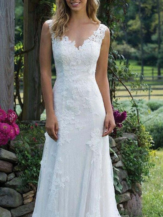 Lace V Neck Sheath Floor Length Bridal Gown-Bridelily Lace V Neck Sheath Floor Length Bridal Gown-Bridelily