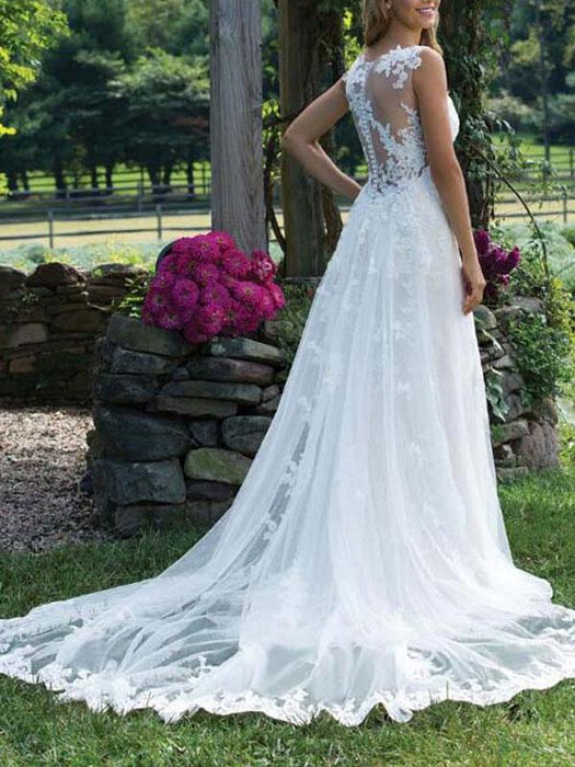 Lace V Neck Sheath Floor Length Bridal Gown-Bridelily Lace V Neck Sheath Floor Length Bridal Gown-Bridelily