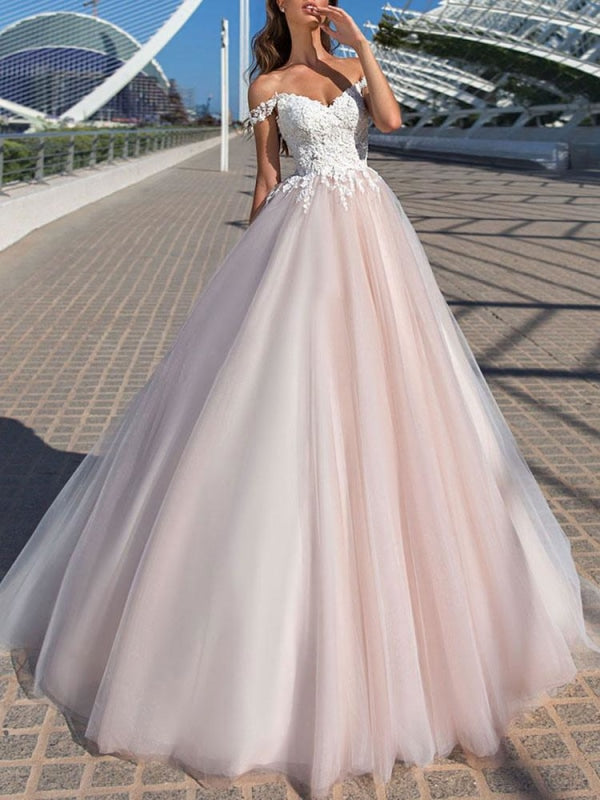 Wedding Dress Princess Silhouette Court Train Off The Shoulder Sleeveless Natural Waist Lace Tulle Bridal Gowns