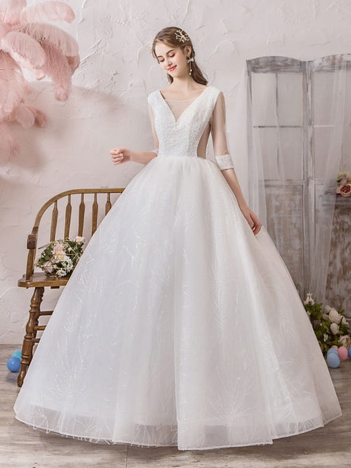 Wedding Dress Princess Silhouette Floor Length V Neck Sleeveless Natural Waist Beaded Lycra Spandex Bridal Gowns
