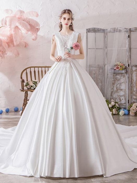 Wedding Dress Princess Silhouette Illusion Neckline Sleeveless Natural — Bridelily Wedding Dress Princess Silhouette Illusion Neckline Sleeveless Natural — Bridelily