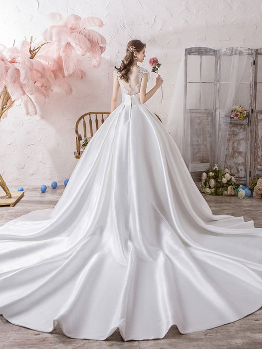 Wedding Dress Princess Silhouette Illusion Neckline Sleeveless Natural — Bridelily Wedding Dress Princess Silhouette Illusion Neckline Sleeveless Natural — Bridelily