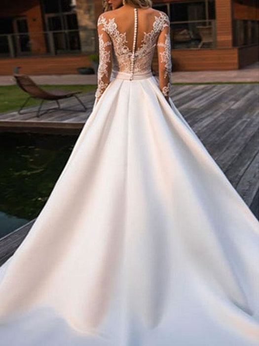 Wedding Dress Princess Silhouette Jewel Neck Long Sleeves Natural Waist Lace Satin Fabric Bridal Dresses